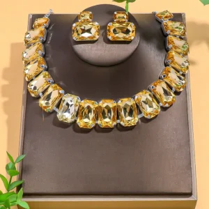 Stonefans Square Necklace and Earrings Set Bridal Exaggerate Decoration Fashion Yellow Rhinestone Jewelry Set Banquet for Women