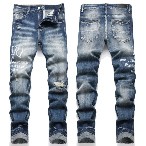2025 NEW AM men's light blue Black jeans ripped trend elastic slim fit small feet fashion pants versatile men's pants - Image 2