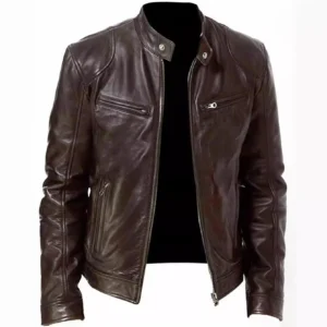 Men's Fashion PU Leather Jacket Classic Zip-Up Faux Leather Coat