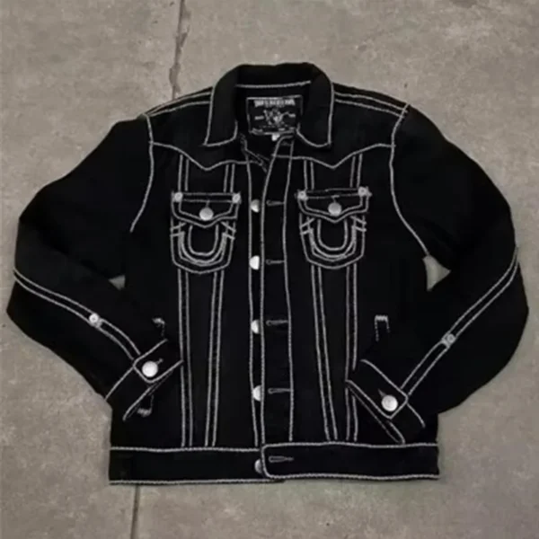 TRUE Retro Y2k Denim Jacket America Streetwear Trend Brand Letter Embroidery Motorcycle Zip Up Jacket Thickening Men Clothing
