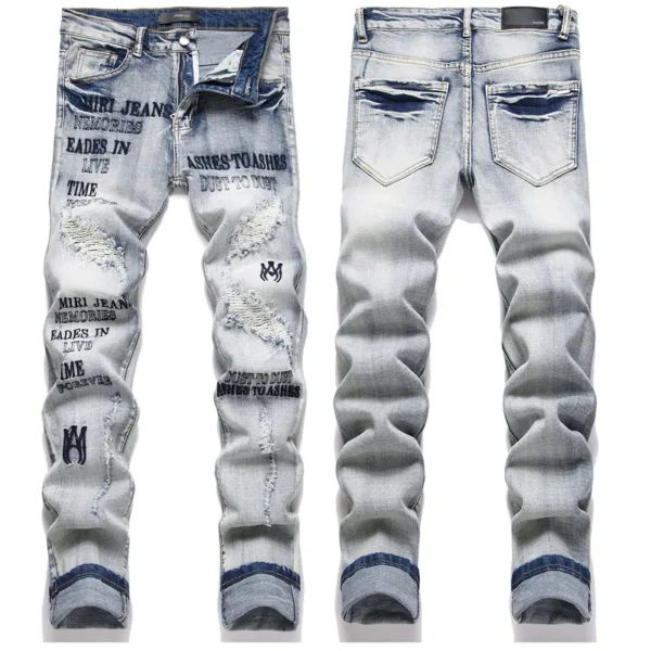 2025 NEW AM men's light blue Black jeans ripped trend elastic slim fit small feet fashion pants versatile men's pants - Image 5