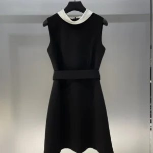 2025 new women's sleeveless dress with contrasting color, small stand up collar, elegant and dignified, waist cinching and slimm