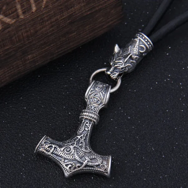 S925 Sterling Silver Viking Wolf heads with thor's hammer mjolnir pendant leather men necklace as christmas gift - Image 3