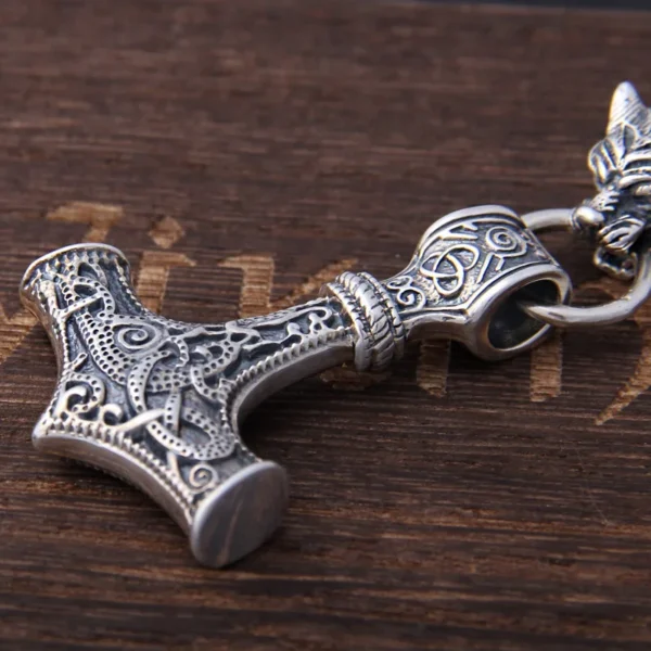 S925 Sterling Silver Viking Wolf heads with thor's hammer mjolnir pendant leather men necklace as christmas gift - Image 5