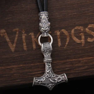 S925 Sterling Silver Viking Wolf heads with thor's hammer mjolnir pendant leather men necklace as christmas gift
