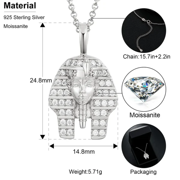 Hip Hop Ancient Egyptian Moissanite Pendant Necklace Chain Punk King Tutan Pharaoh Men's Hip Hop Bling Necklaces Rock Party Gift - Image 2
