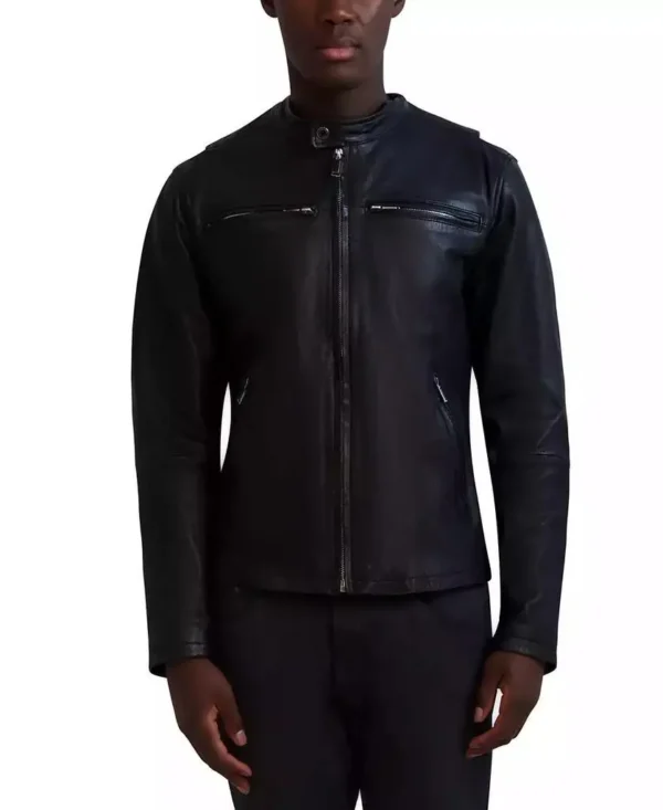Karl Lagerfeld | Men's Band-Collar Distressed Leather Jacket