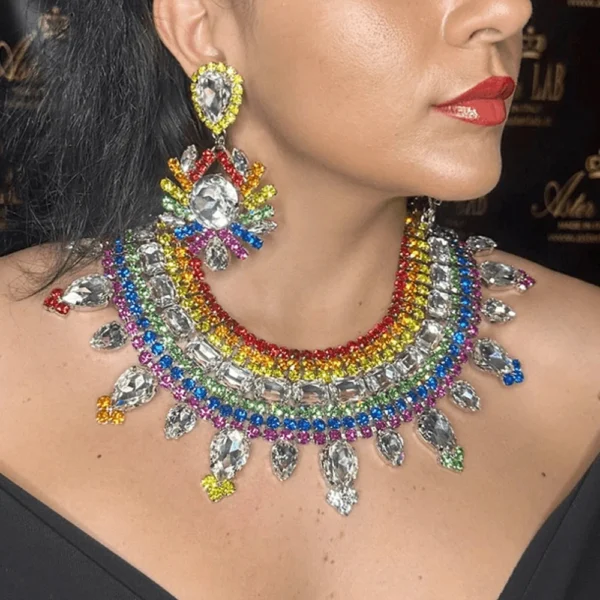 Stonefans Elegant Colorful Rhinestone Jewelry Sets Chunky Accessories Exaggerate Dubai Bridal Necklace Earrings Set Wedding Gift