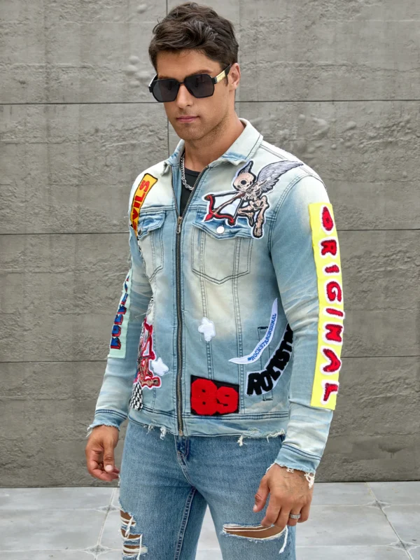 Men's stretch denim jacket, cat creases wash water, full embroidered seal design, fashion style, suitable for all seasons-6050 - Image 3