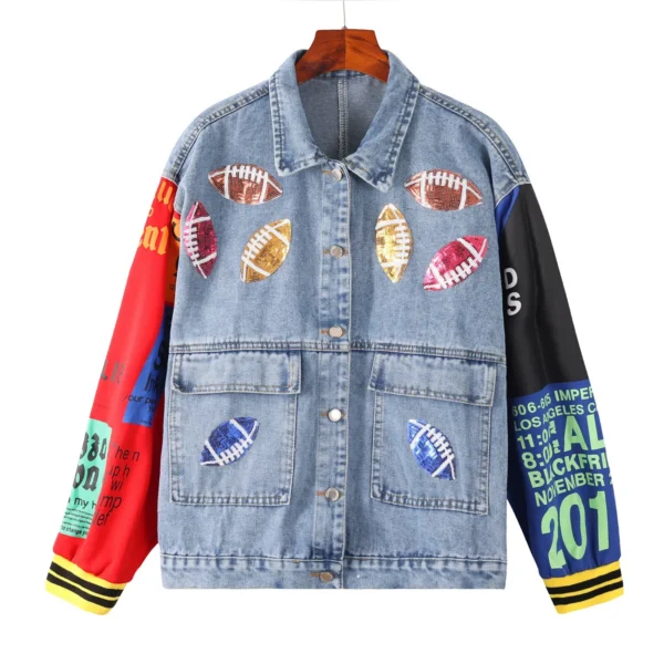 Men’S Denim Jacket Cowboy Retro Cotton Denim Coat Spring Loose Fit Jeans Jacket Outerwear Vintage Rugby Stickers Painted Jacket