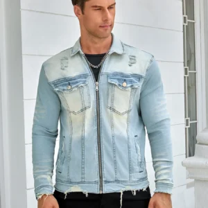 Men's denim stretch jacket, stylish zipper style, fashion wash, street rock style, slim-fit stretch styleRSM-DEMNAJKTPAINT-ROBL-