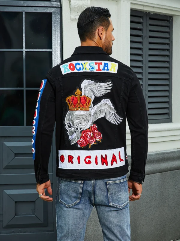 Men's stretch denim jacket, cat creases wash water, full embroidered seal design, fashion style, suitable for all seasons-6050BL - Image 4