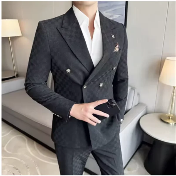 (Jacket+Pants)Luxury Checkered Double Breasted Suit 2 Pieces Fashion Business Slim Fit Social Formal Suit Evening Dress 5XL-M - Image 4