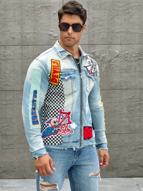 Men's stretch denim jacket, cat creases wash water, full embroidered seal design, fashion style, suitable for all seasons-6050 - Image 4