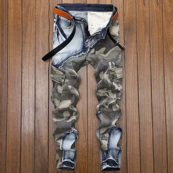 2025 Men's Jeans Vintage Distressed Camouflage Ripped PatchworkJeans Luxury Designer Slim Skinny Jeans Casual Denim Pants Men