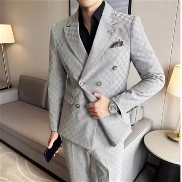 (Jacket+Pants)Luxury Checkered Double Breasted Suit 2 Pieces Fashion Business Slim Fit Social Formal Suit Evening Dress 5XL-M - Image 3