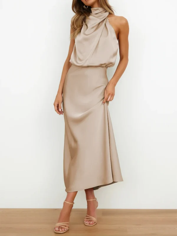 Women Long Satin Dress Elegant Sleeveless Turtleneck Solid Summer Dress for Cocktail Party - Image 3