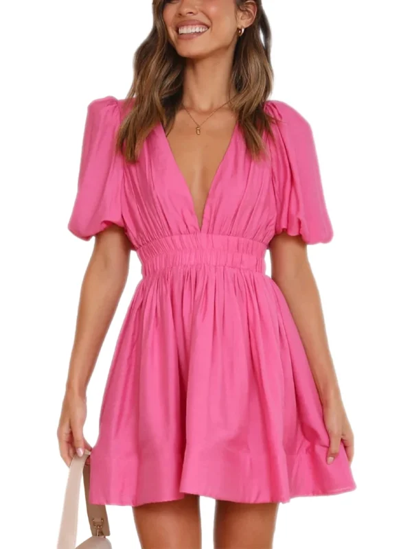 Women Summer Casual A-line Dress Solid Color Deep V-Neck Short Puff Sleeve Mini Dress Fashion Party Short Dress