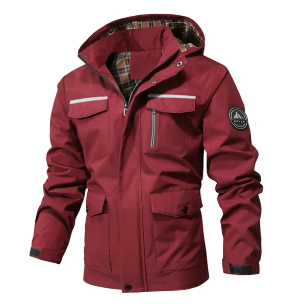 Plus Size Men's Windproof Hooded Jackets Black Long Sleeve Zipper Outwears Coats Multi-Pockets Outdoor Hiking Mountain Clothing - Image 3