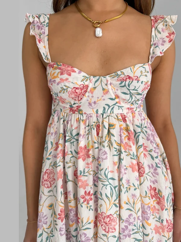 Women V-Neck Maxi Dress Sleeveless Ruffle Floral Print Boho Beach Dress Summer Casual Long Dress with Pockets