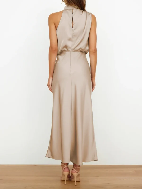 Women Long Satin Dress Elegant Sleeveless Turtleneck Solid Summer Dress for Cocktail Party - Image 2