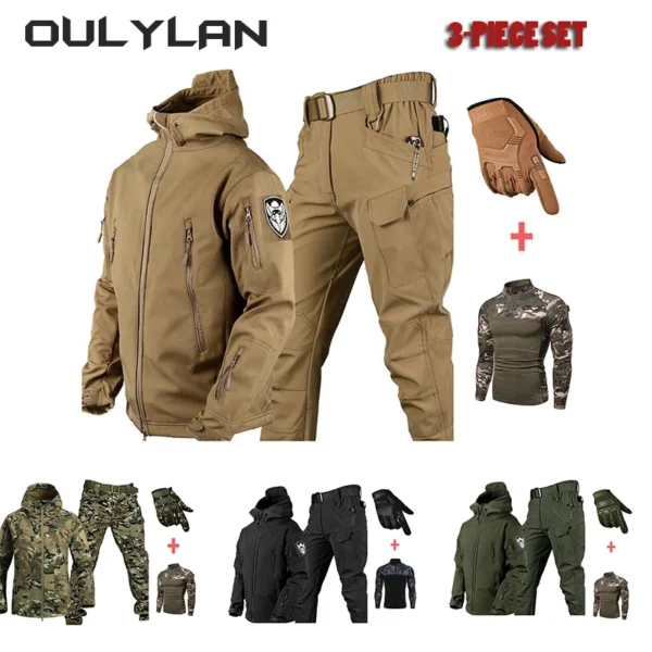 Men's Tactical Set Warm Shark Skin Set 2024 Outdoor Mountaineering Suit Gloves Jacket T-shirt Pants Set for Spring Autumn Winter