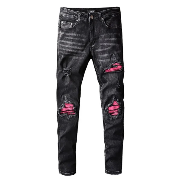Mens Black Slim Fit Ripped Jeans Streetwear Hip Hop Red Patch Frayed Elastic Hole Jeans Trousers Male Patchwork Jeans