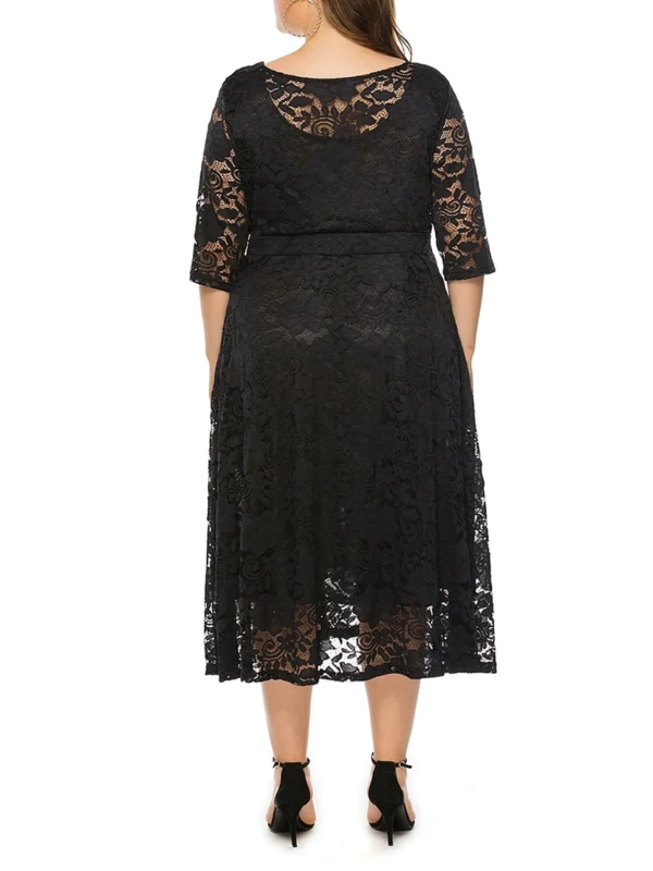 Elegant V-Neck A-Line Dress with Floral Lace Overlay and Pockets Perfect for Beach Parties and Evening Events in Plus Size