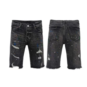 2025 Fashion Men Purples Jeans Hip-hop Casual Individual Trendy Retro Washed Do Old Splash Ink Printed Denim Shorts