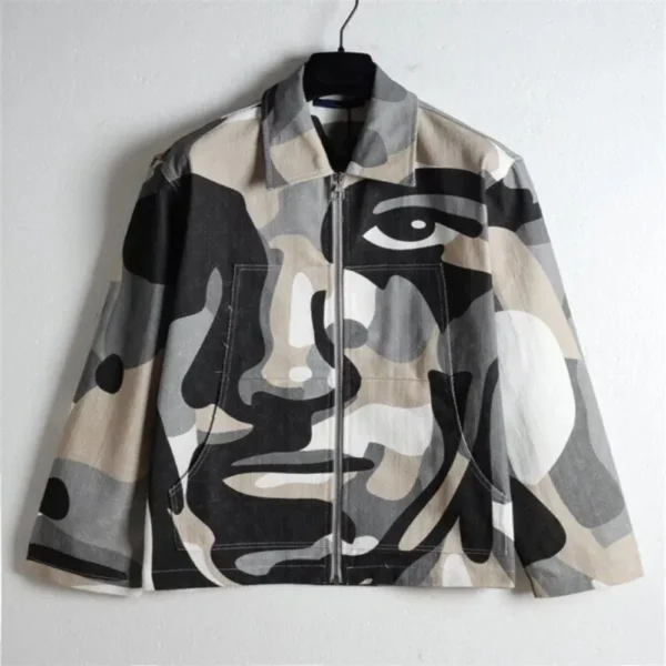 American style new retro printed slim fit long sleeved polo collar zipper cardigan jacket for men