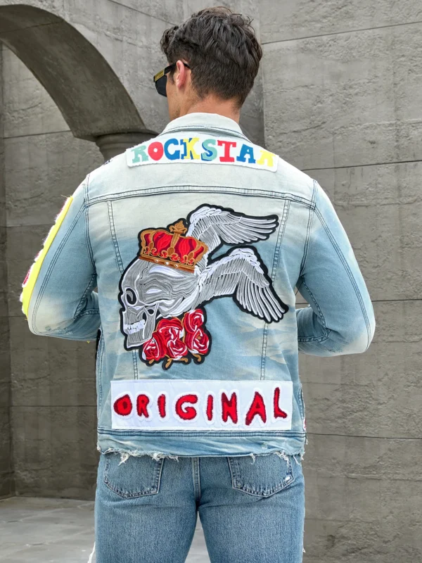 Men's stretch denim jacket, cat creases wash water, full embroidered seal design, fashion style, suitable for all seasons-6050 - Image 5