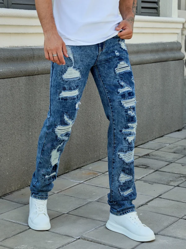 Men's Fashion Elastic Ripped Embroidered Pants, All Ripped Embroidery, Embroidery Mess, Stir-Fried Rinsing Water-105BLUE - Image 4