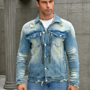 Men's fashion elastic jacket, fashion trend washing water pressure wrinkled cat beard, bag mouth with edge worn-4355