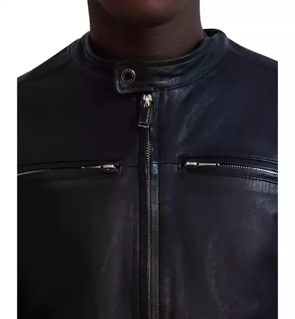 Karl Lagerfeld | Men's Band-Collar Distressed Leather Jacket - Image 4