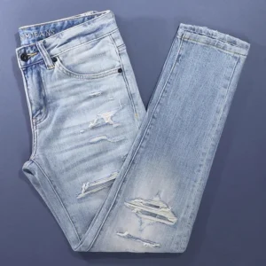 Street Fashion Men Jeans High Quality Retro Light Blue Stretch Slim Fit Ripped Jeans Men Patched Designer Vintage Denim Pants