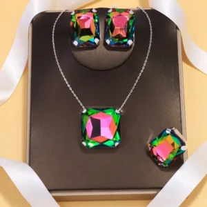 Stonefans Exaggerated Square Jewelry Sets Dubai Wedding Accessories Bridal Large Rhinestone Necklace Earrings Ring Set for Women