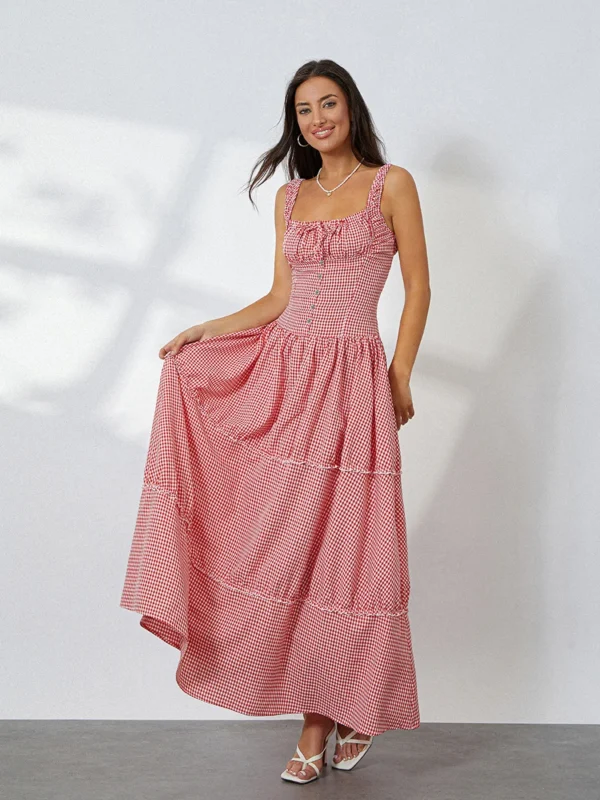 Women Summer Sleeveless Dress Casual Plaid Print Ruffle Party Dress for Cocktail Beach Club Streetwear