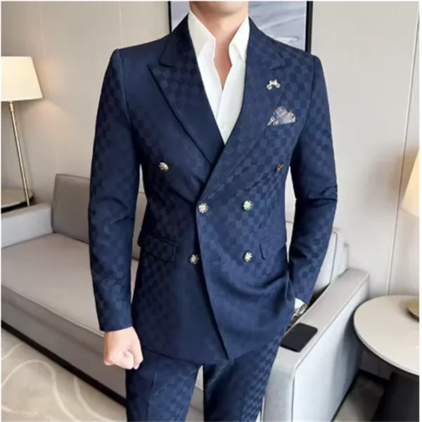(Jacket+Pants)Luxury Checkered Double Breasted Suit 2 Pieces Fashion Business Slim Fit Social Formal Suit Evening Dress 5XL-M - Image 6