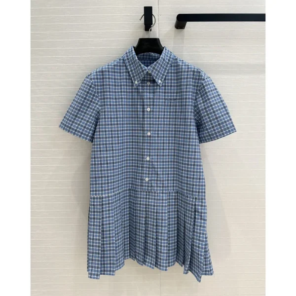 Women Blue plaid shirt pleated skirt dress dress Sleeveless Embroidery Letter design shirt-collar Dresses