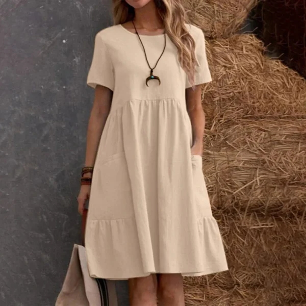 Evening Dresses Outfits Women Fashion Solid Vintage Cotton And Linen Loose Pocket Round Neck Short Sleeve