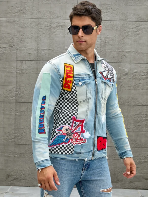Men's stretch denim jacket, cat creases wash water, full embroidered seal design, fashion style, suitable for all seasons-6050 - Image 2