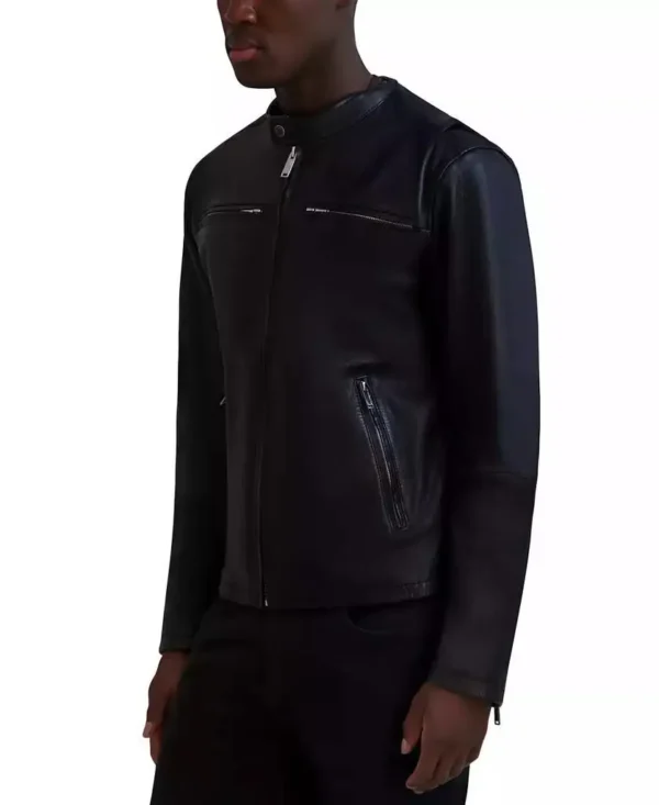 Karl Lagerfeld | Men's Band-Collar Distressed Leather Jacket - Image 3
