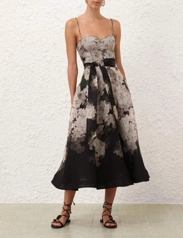 Zimm Silk Linen Elegant Luxury Women Spaghetti Strap Floral Printing Dress High Quality Bohemian Vintage Sweet Sexy Beach Style