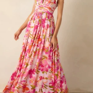 Elegant Maxi Dress with Boho Floral Print Stylish V-Neckline and Chic Tie-Up Shoulder Detail Perfect for Summer Casual Wear