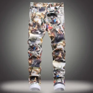 2025 Denim Pencil Pants Men Print Jeans Washed Mid Waist Pockets Vintage Straight Denims Streetwear Ankle Length Trousers