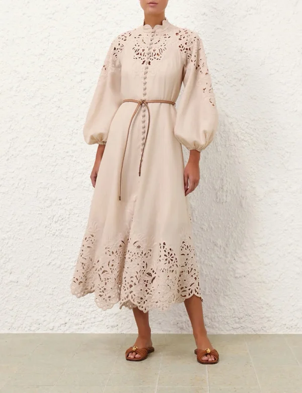 Zimm 100% Linen Bohemian Vintage High Quality Hollow Out Women Embroidery Long Lantern Sleeve Midi Dress Sweet Elegant Luxury