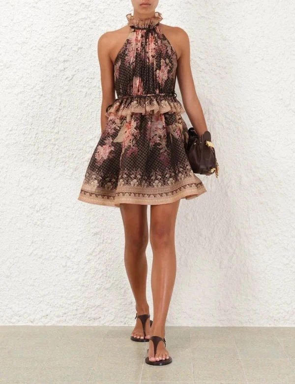 Zimm Women Silk Linen Sleeveless Floral Printing Mini Dress High Quality Bohemian Vintage Sweet Elegant Chic Luxury A-Line