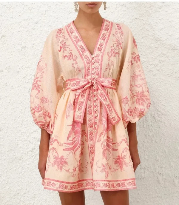 Zimm 100% Linen Women Elegant Luxury Long Lantern Sleeve Mini Dress with Belt High Quality Bohemian Vintage Sweet Lace-up