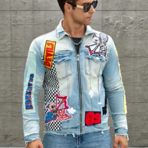Men's stretch denim jacket, cat creases wash water, full embroidered seal design, fashion style, suitable for all seasons-6050