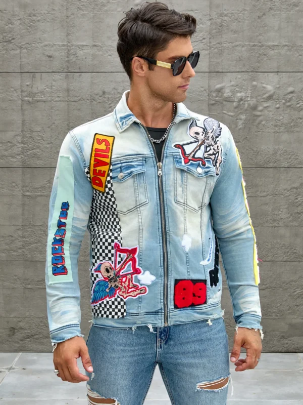 Men's stretch denim jacket, cat creases wash water, full embroidered seal design, fashion style, suitable for all seasons-6050